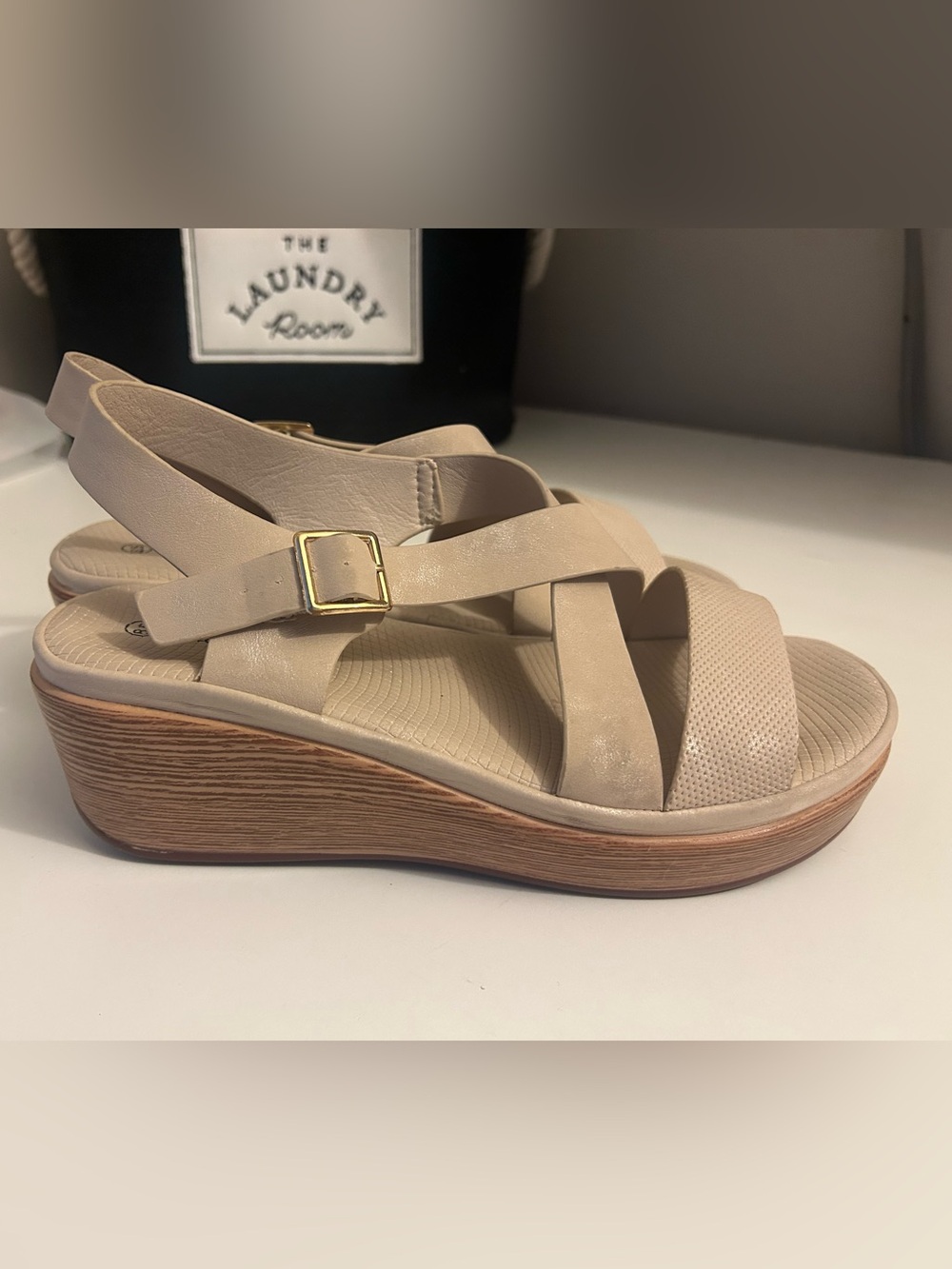 Women's Neutral Beige Wedge Slingback Sandals with Cross Straps